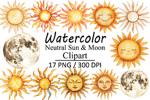 Watercolor Neutral Sun & Moon, an Illustration by Design Market