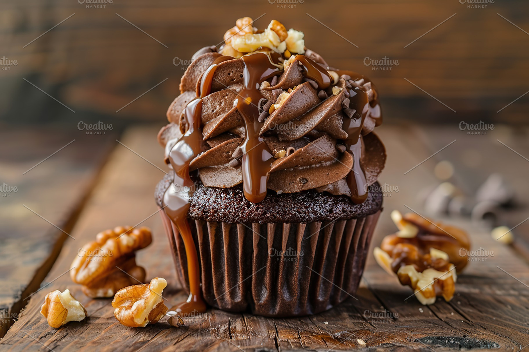 Chocolate cupcake with whipped cream and walnut on wooden table, a Food & Drink Photo by AlyaAnd