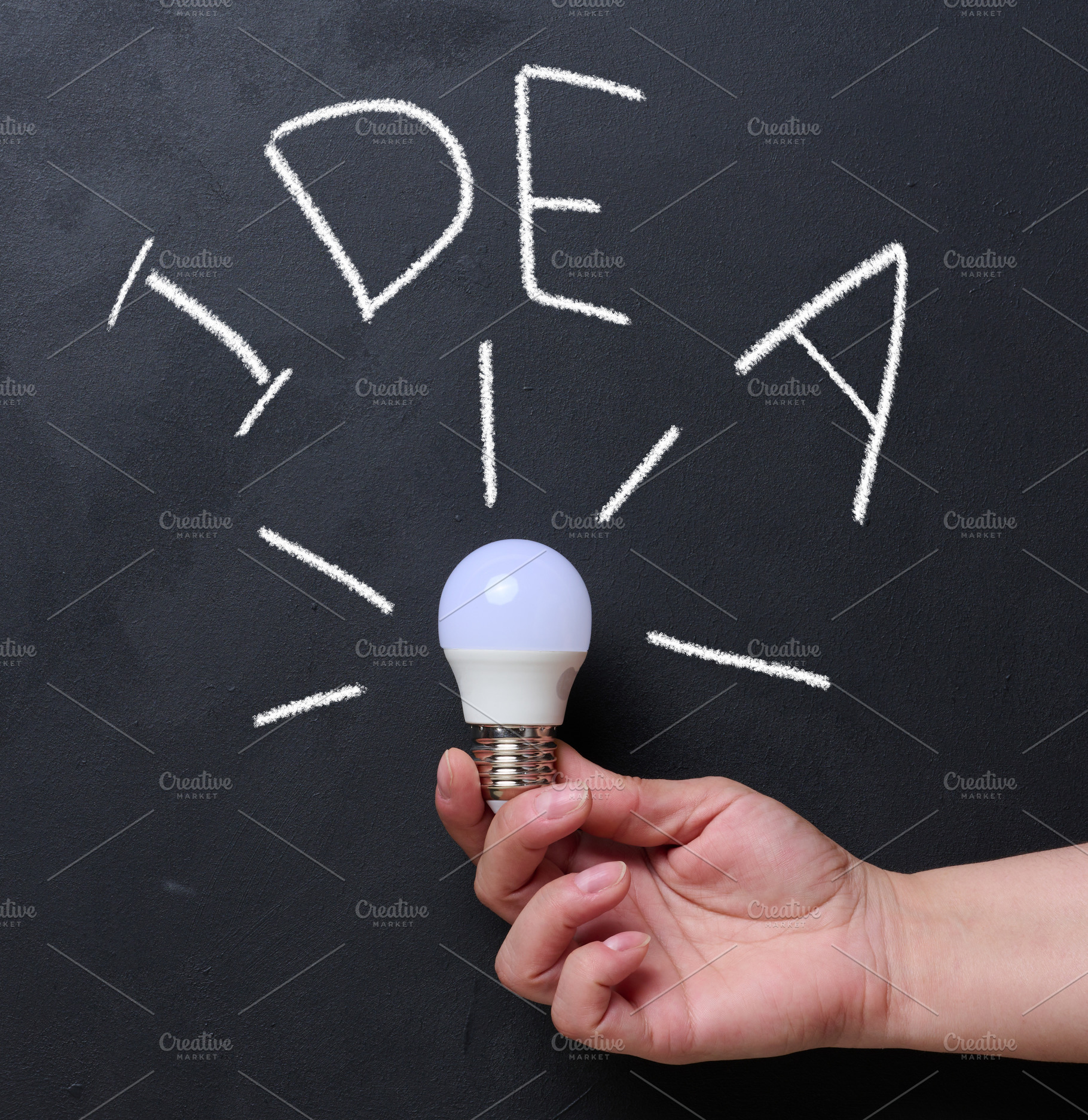 Hand holds a lit light bulb against a black chalkboard with the, a Business Photo by ndanko