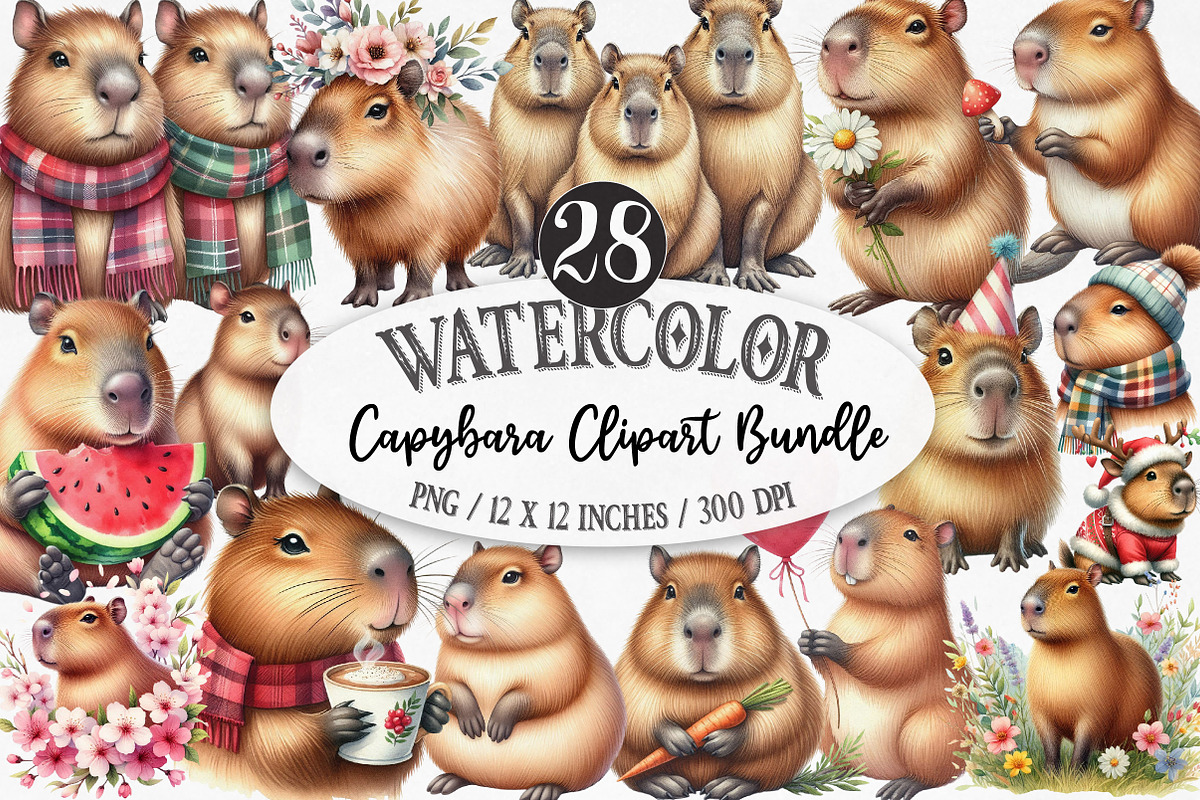 Capybara Watercolor Clipart, an Illustration by Designking (Photo 1 of 5)