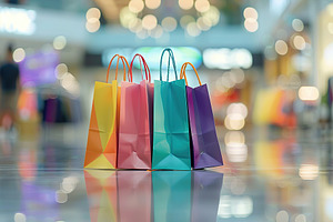 Colorful paper shopping bags on shopping mall background, a Photo by AlyaAnd