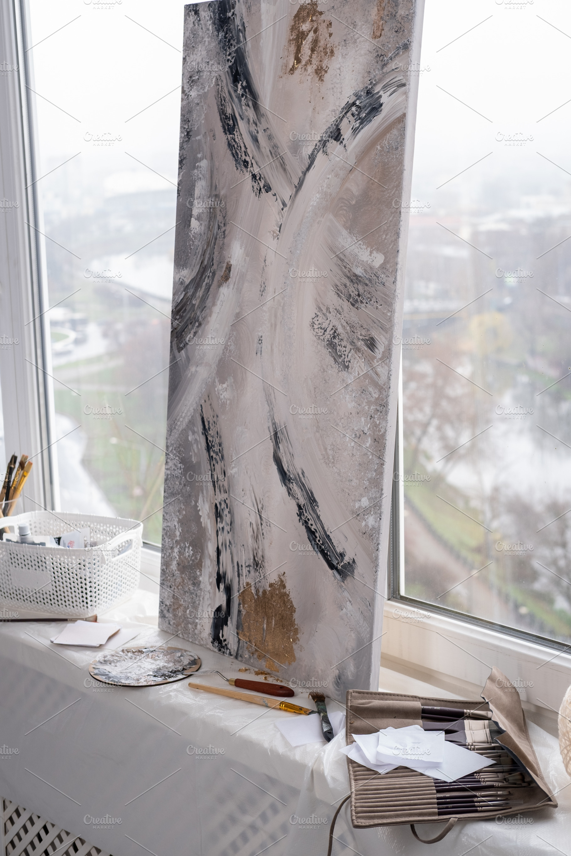 Abstract canvas home studio painting light window, a Background Photo by Photo Drive Studio