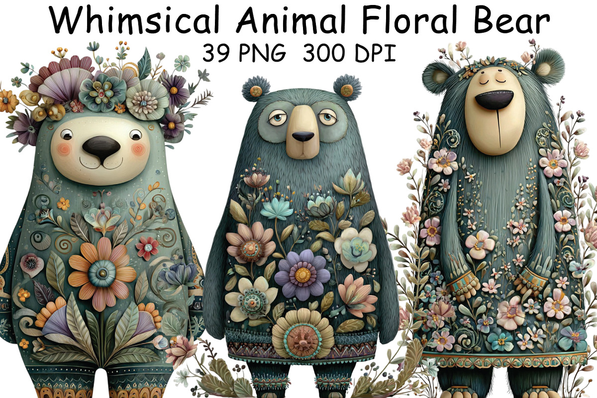 Whimsical Animal Floral Bear Clipart, an Illustration by CraftArtStudio (Photo 1 of 6)