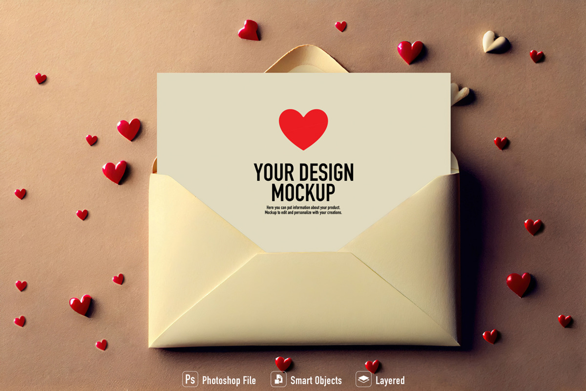 Post letter mockup with hearts in th, a Product Mockup by OSORIOartist