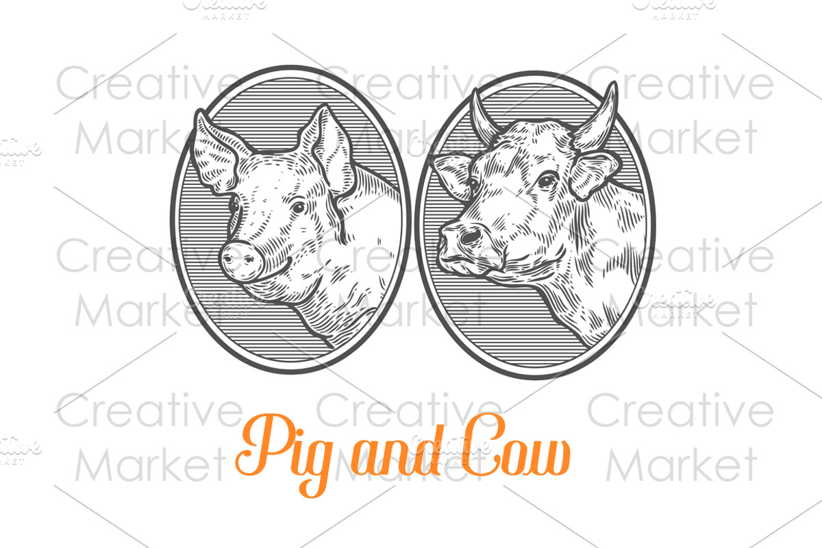 Cow and Pig hand drawn illustration, an Animal Illustration by Sketch Seven Shop (Photo 3 of 3)