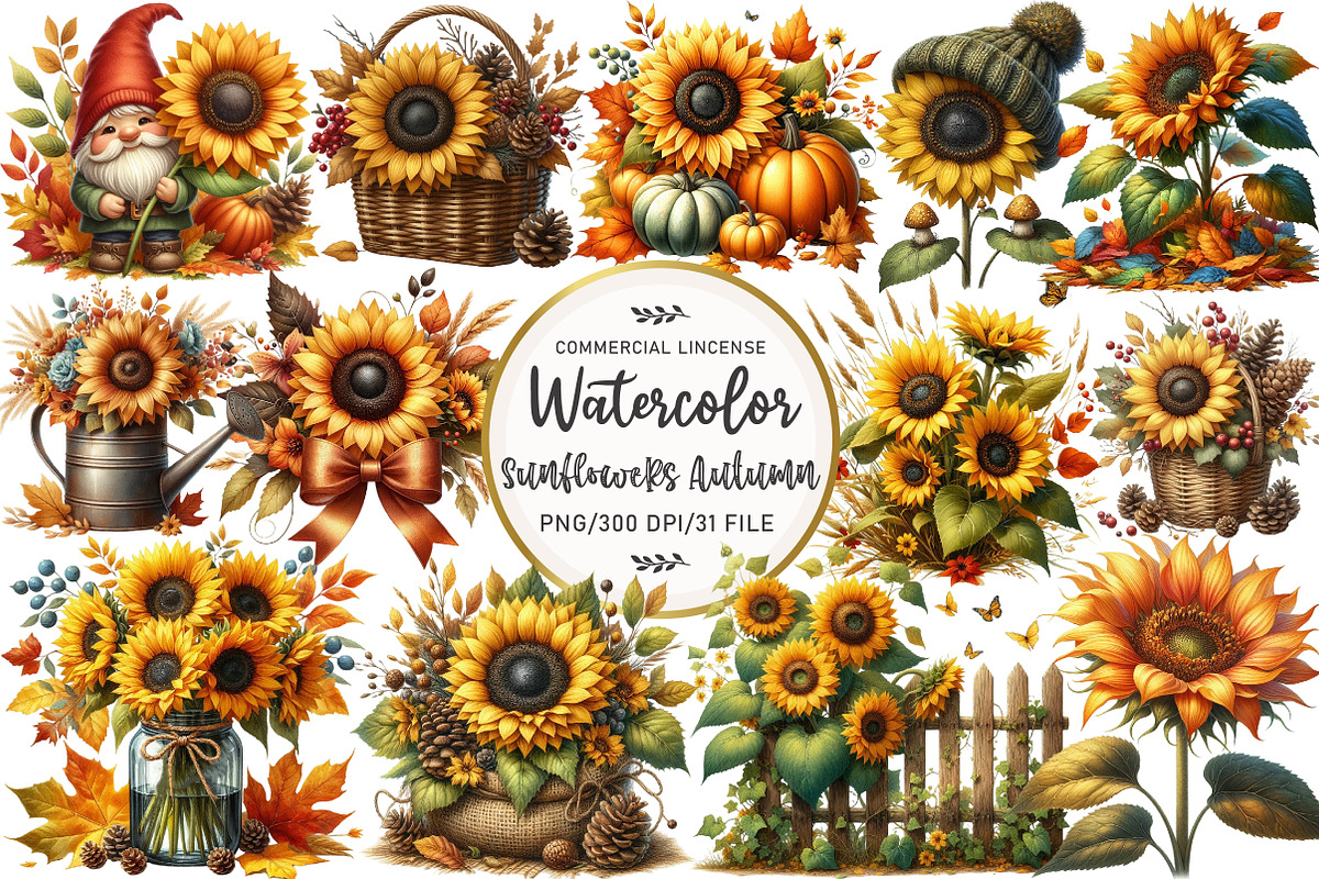 Vintage Sunflowers Autumn Clipart, an Illustration by OK Design (Photo 1 of 5)