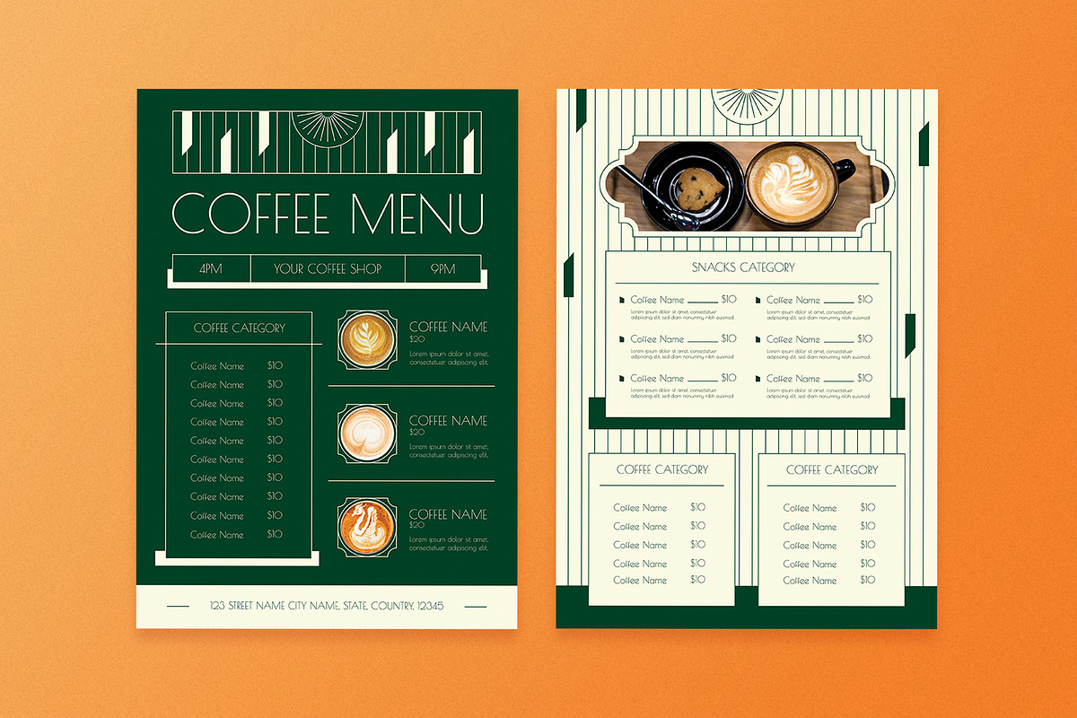 Green Art Deco Coffee Shop Food Menu, a Flyer Template by Aiyari Graphic (Photo 3 of 3)