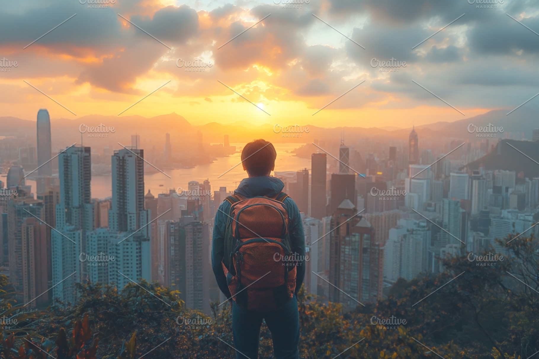 A young Asian man gazes at a stunning sunset over the skyline of, a Person Photo by ImageMir