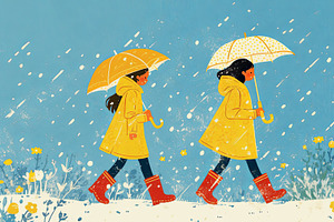 Two children walking in the rain holding colorful umbrellas and wearing raincoa, an Illustration by AS photostudio