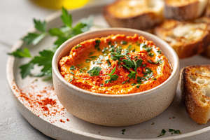 Creamy red dip with toasted bread, a Food & Drink Photo by AlyaAnd