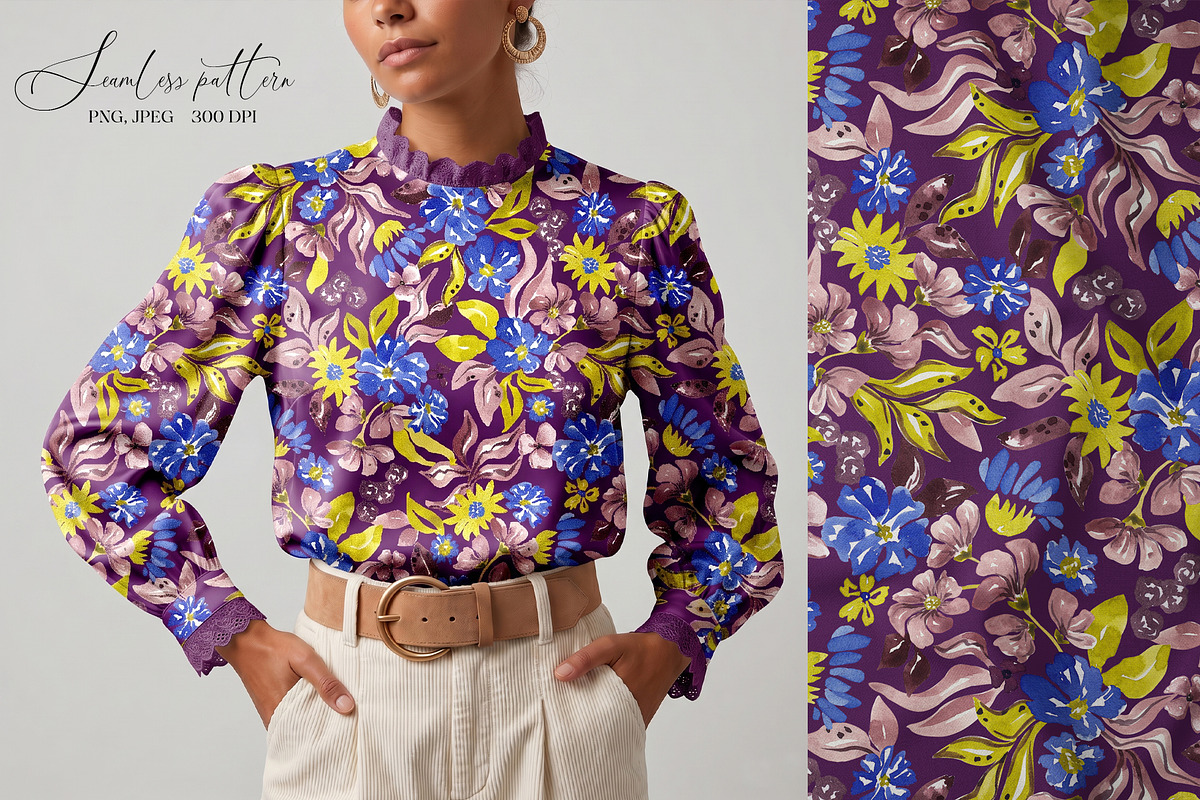 Blue, Yellow, Plum floral pattern, a Pattern Graphic by SirenaArt (Photo 14 of 16)