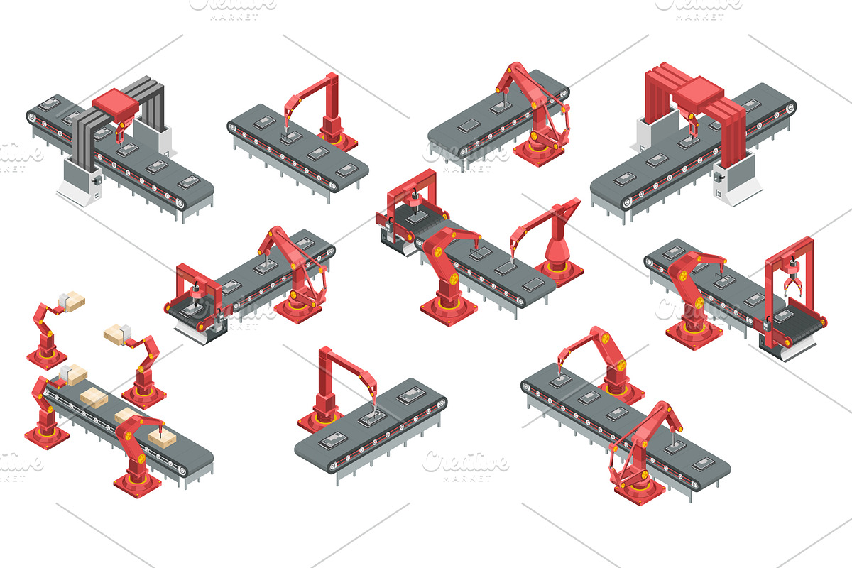 Isometric conveyor with robotic arms, a Technology Illustration by Yayasya (Photo 2 of 3)