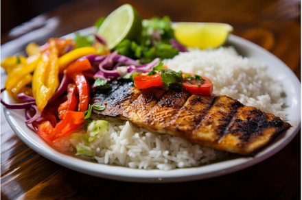 Grilled fish fillet with rice and, a Food & Drink Photo by Ylivdesign