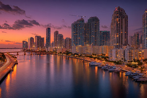 Miami sunset city skyline waterfront, a Photo by Pixeness Studio