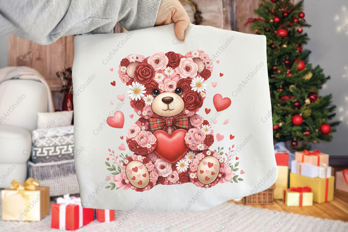 Pink Floral Valentine Teddy Bear PNG, an Illustration by CraftArtStudio (Photo 3 of 4)