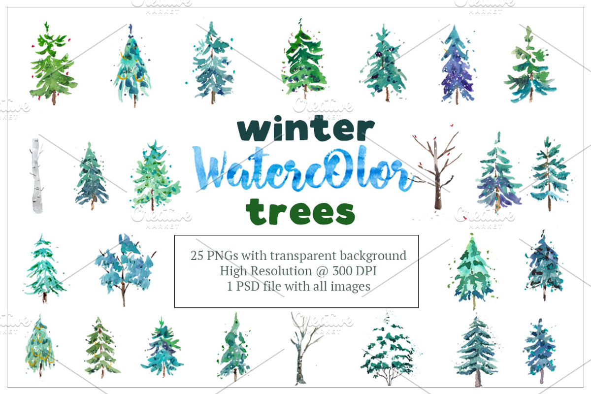 Winter Watercolor Trees Clipart, an Illustration by Inksnthings (Photo 1 of 5)