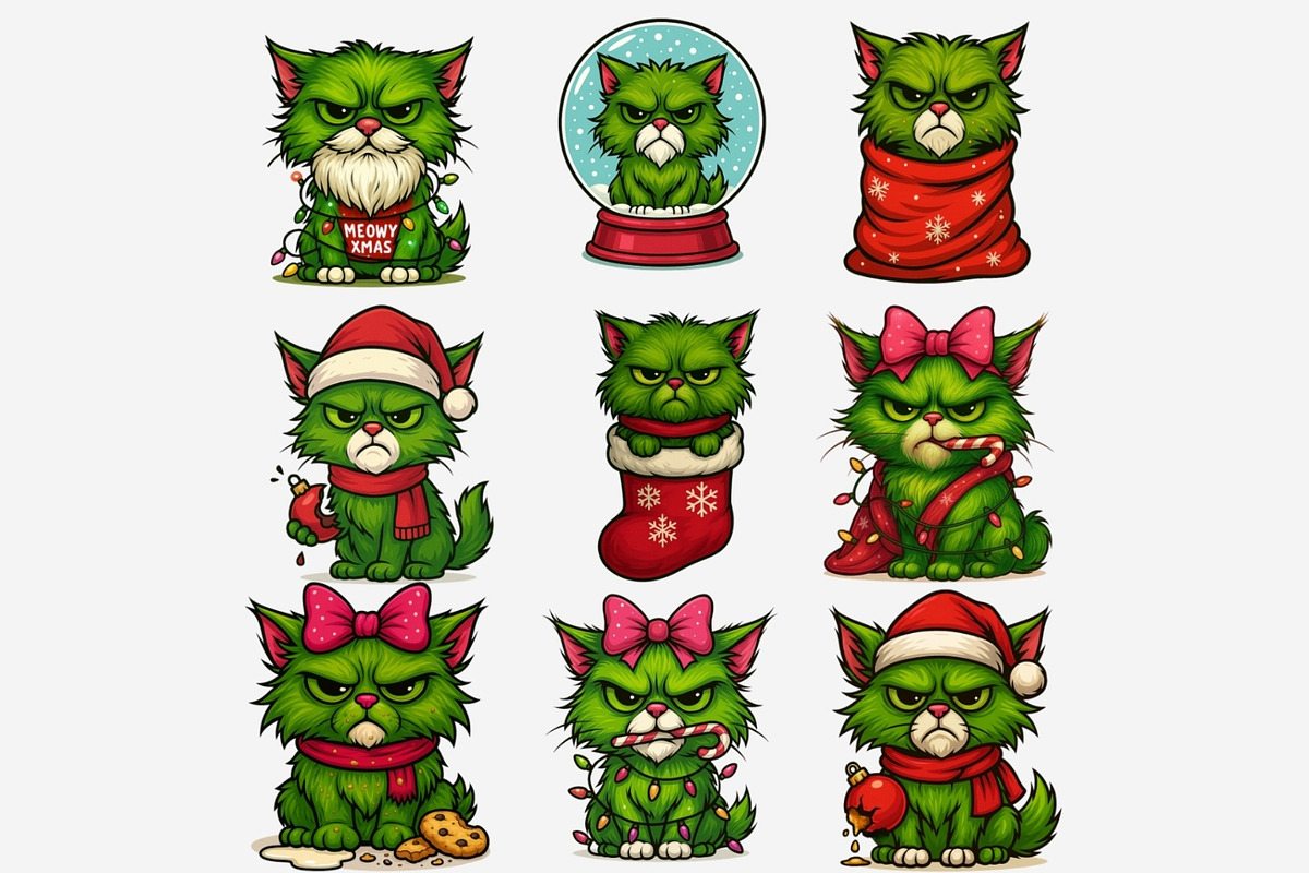 Green Angry Grumpy Christmas Cats, an Animal Illustration by Tanya Kart (Photo 9 of 11)