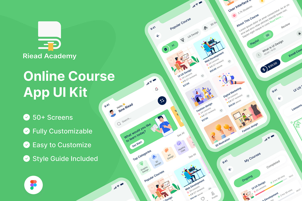 Online Course Mobile App UI Kit, a Templates & Theme by ibneriead