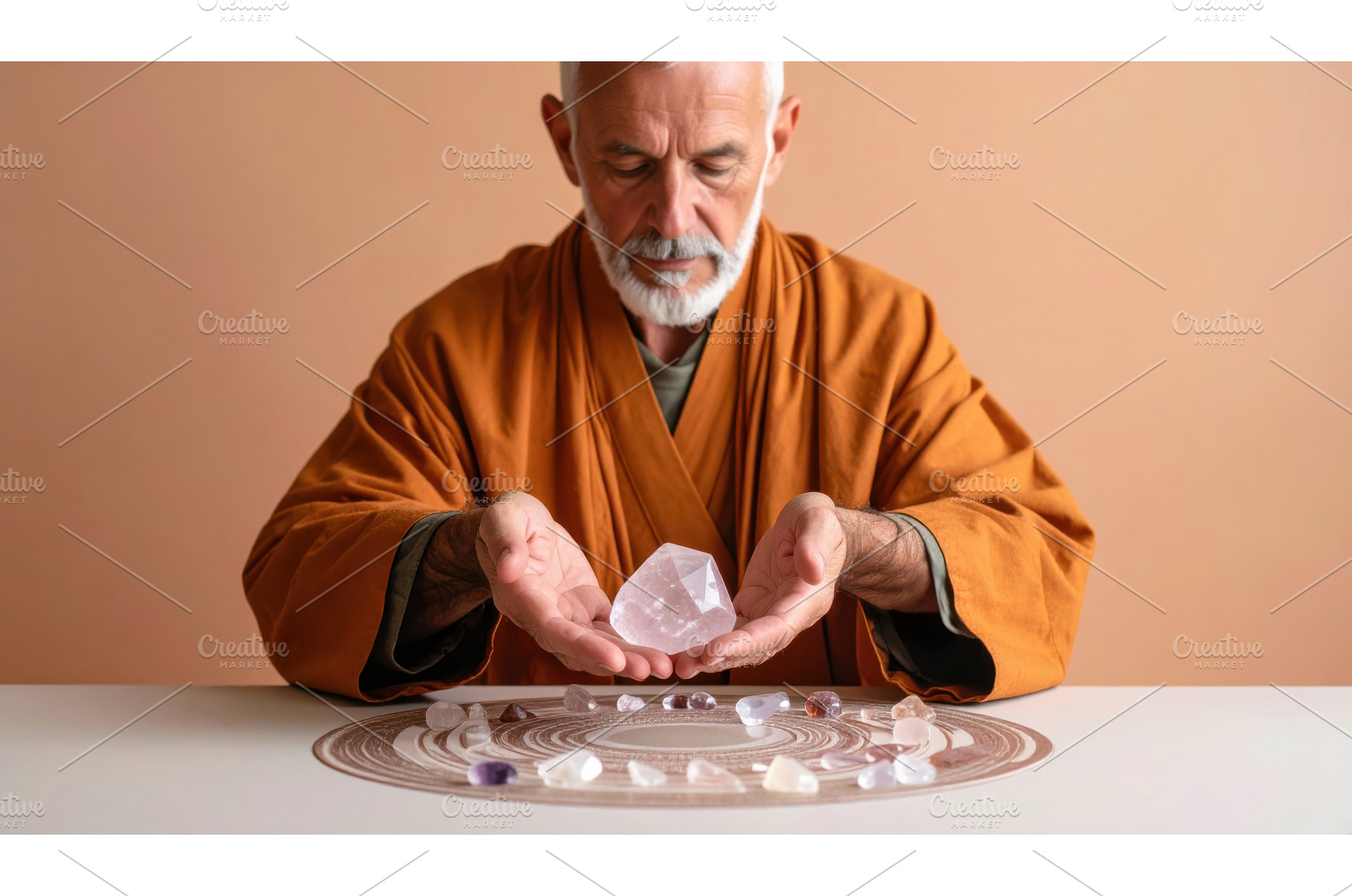 Elderly monk in meditation holding, a Background Photo by Igor Tichonow