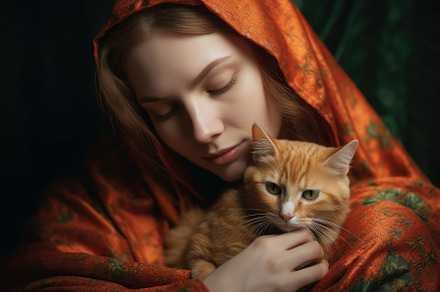 A photo of a woman sitting peacefully, cradling her cat in her a, an Animal Photo by designvectx