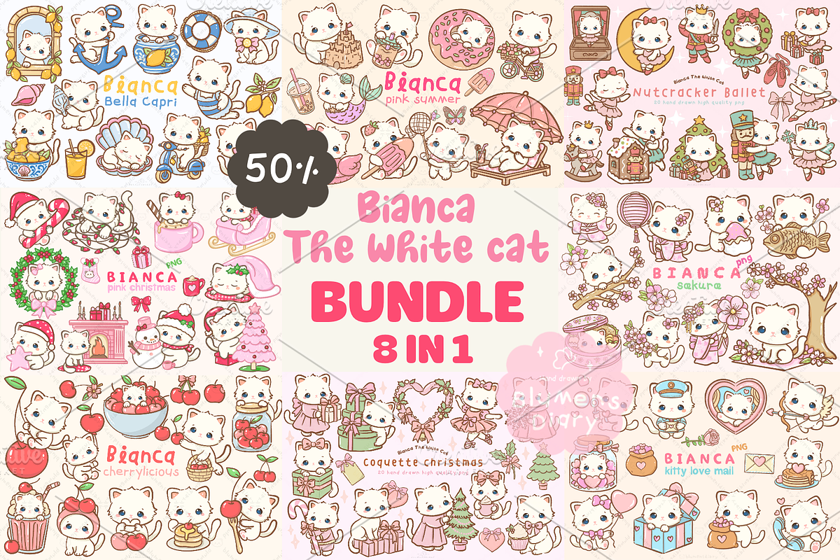 Cute Kawaii Cat Clipart PNG Bundle, an Animal Illustration by Blumensdiary (Photo 1 of 11)