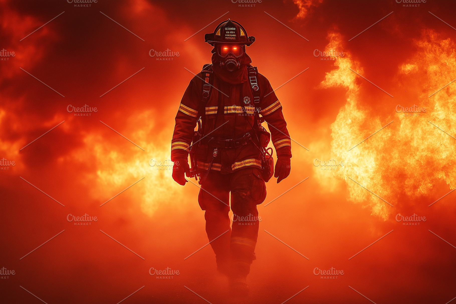 A courageous male firefighter emerges from flames, showcasing resilience agains, a Person Photo by ImageMir