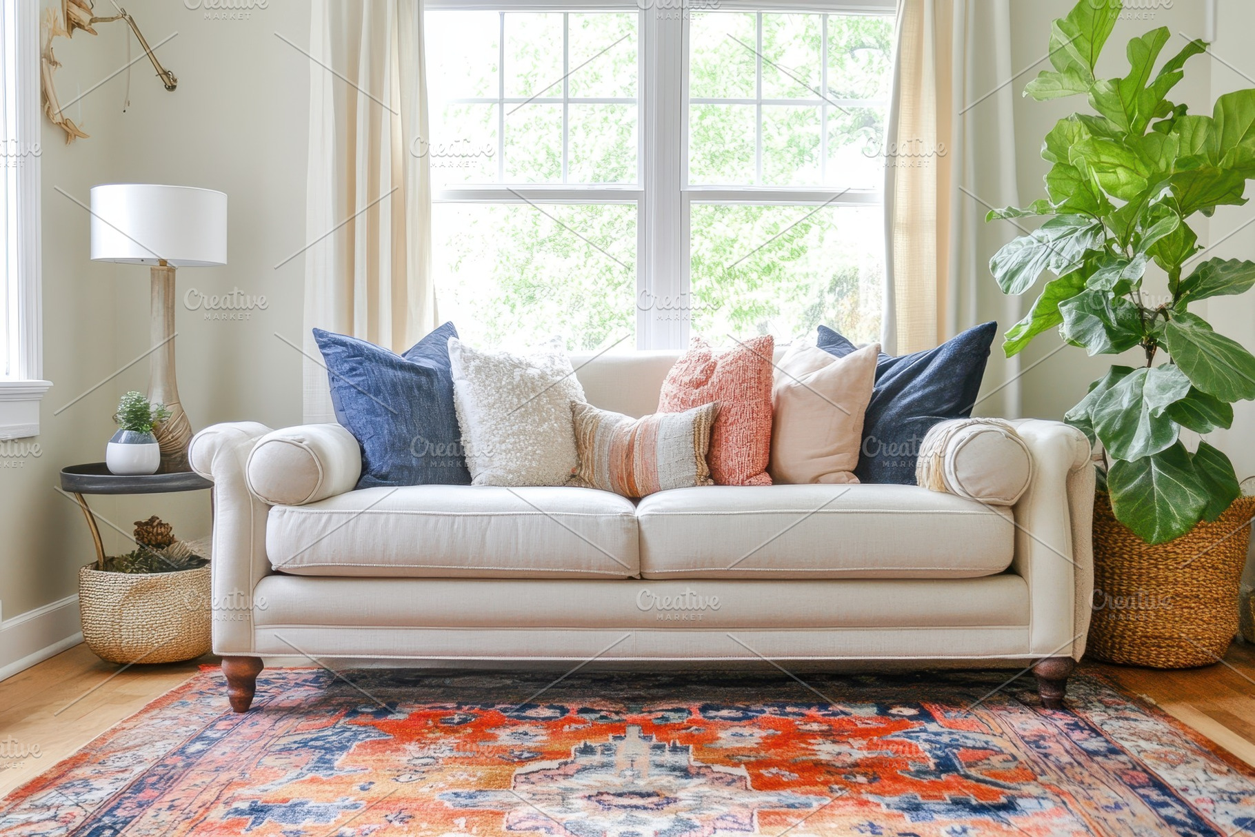 Cozy living room with a stylish sofa, a Photo by Pavel_design