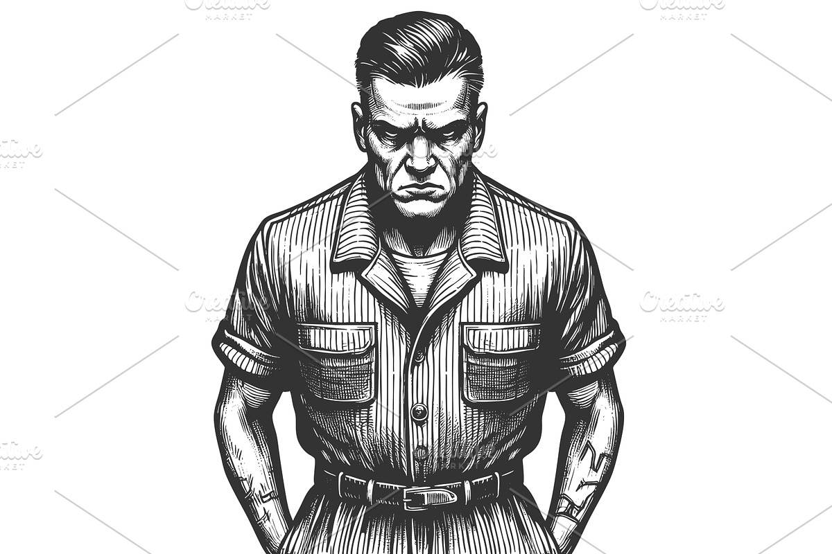 Tough Prisoner in Uniform engraving, a Person Illustration by AlexArt