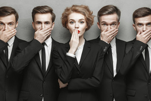 Group of professionals covering mouths symbolizing silence or confidentiality t, a Person Photo by AS photostudio