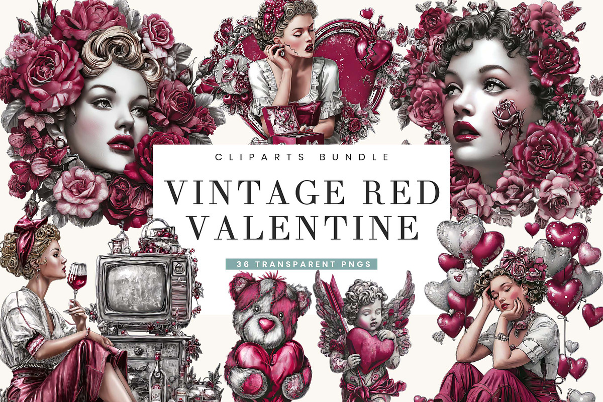 Vintage Red Valentine Clipart, a Seasonal Illustration by BusyDaydesign (Photo 1 of 9)