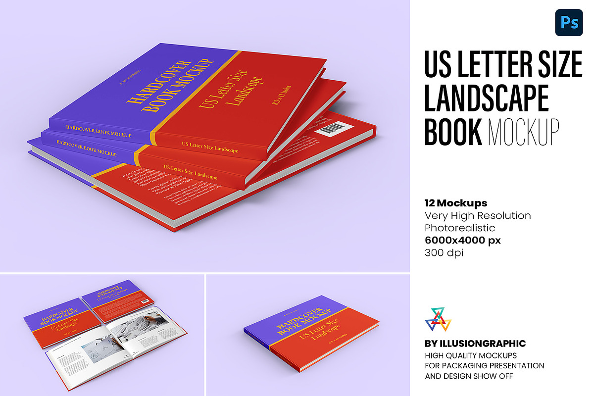 US Letter Size Landscape Book Mockup, a Books & Magazine Mockup by Illusiongraphic (Photo 1 of 31)