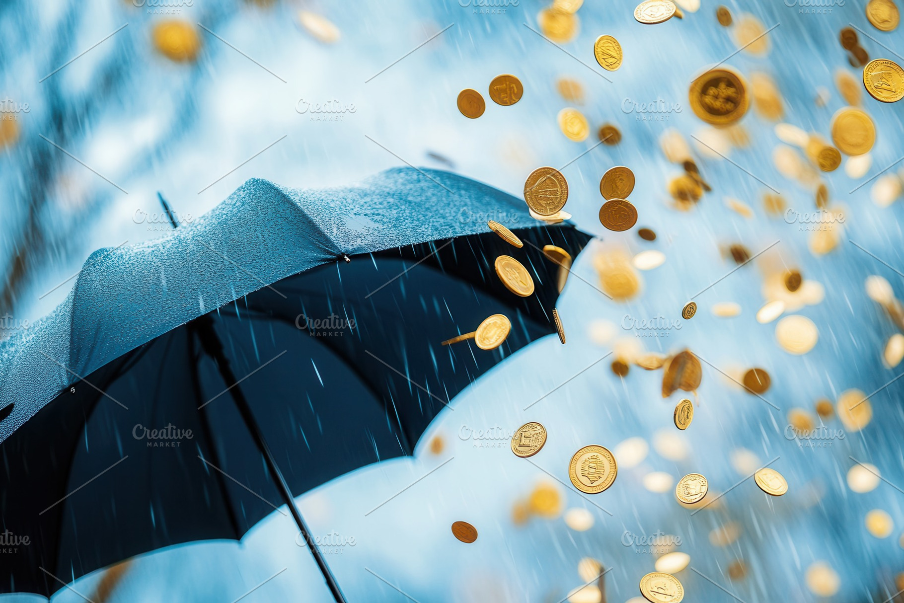 An umbrella shields falling coins, a Photo by Pavel_design