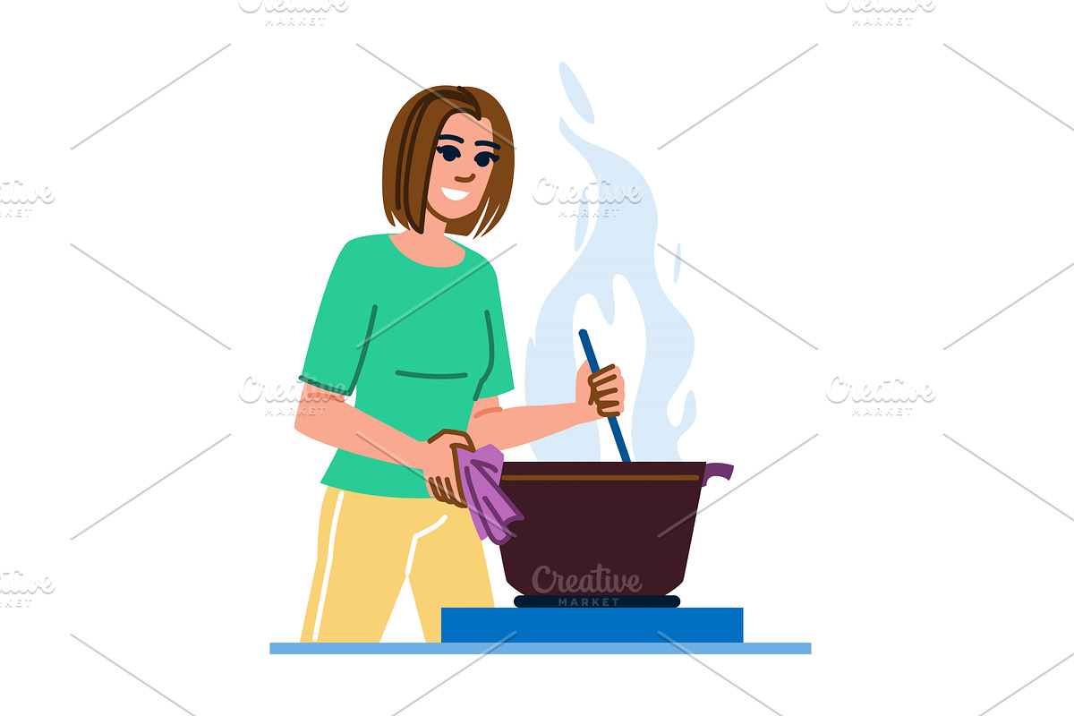 Woman cooking food in a pot on the, a Food Illustration by pikepicture