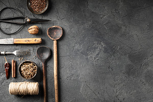 Rustic Culinary Tools and Spices on Dark Stone Background, a Food & Drink Photo by Natalia Klenova's Shop