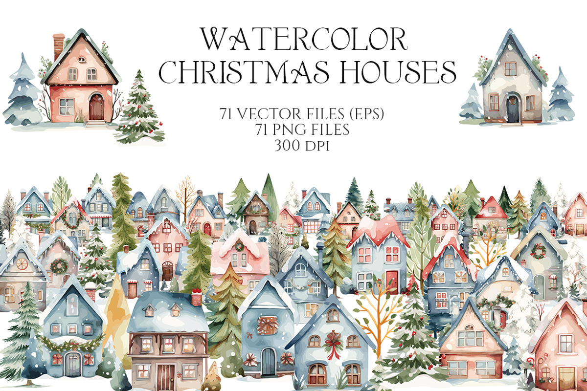 Watercolor Christmas Houses, an Object Illustration by Evgeniia (Photo 5 of 5)