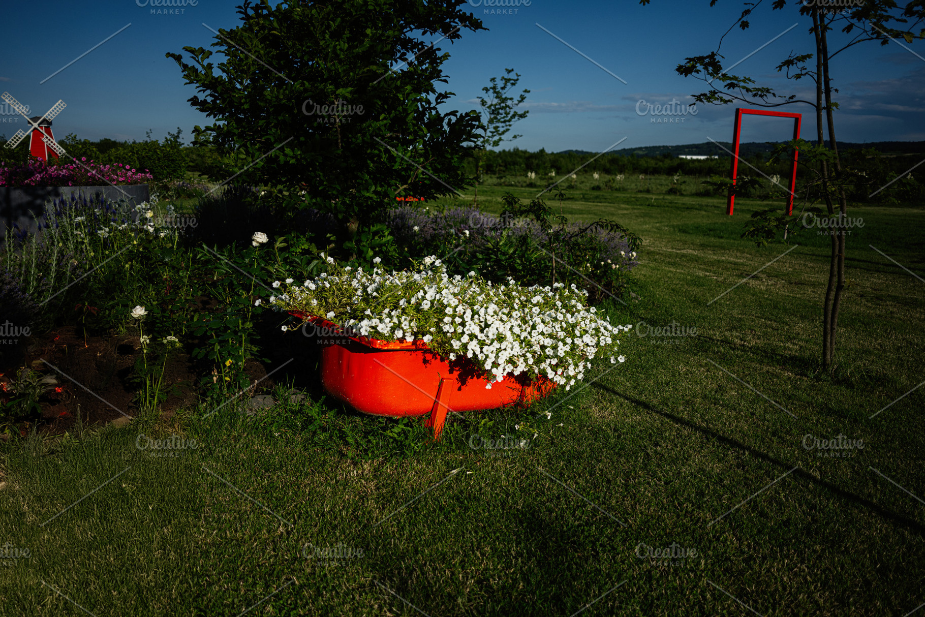 A vibrant garden scene with flowers in a red wheelbarrow and blue sky, a Photo by AS photostudio