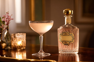 Pink cocktail glass and vintage alcohol decanter on an ornate ba, a Photo by Studio ANNA