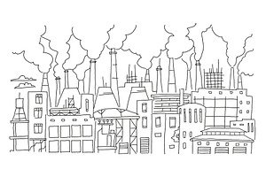 Industrial Pollution Big City Panorama Sketch. Hand Drawn Vector Stock Line Illustration. Building Landscape.