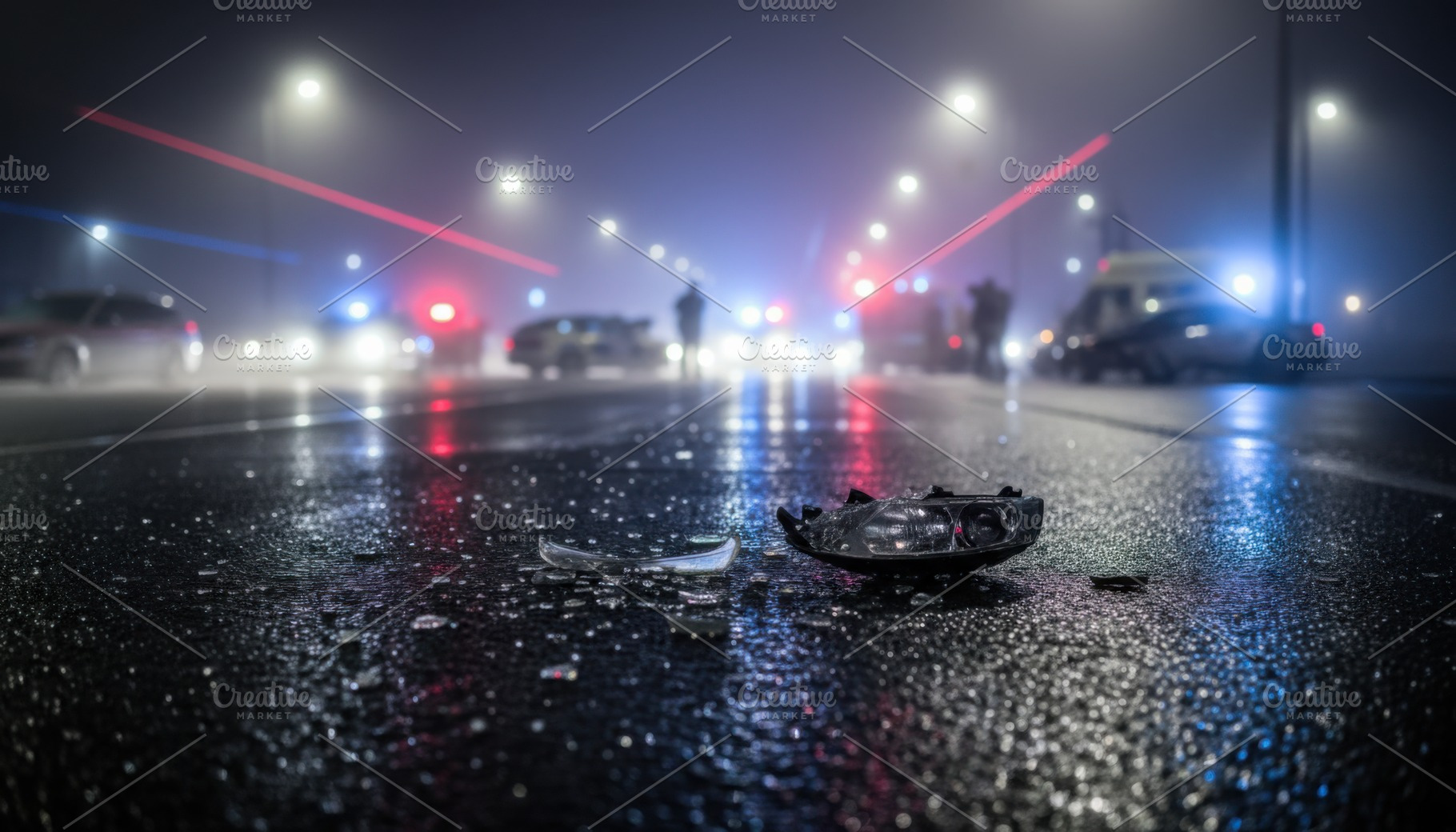 Broken car headlight lens on wet asphalt at night, a Transportation Photo by Igor Tichonow