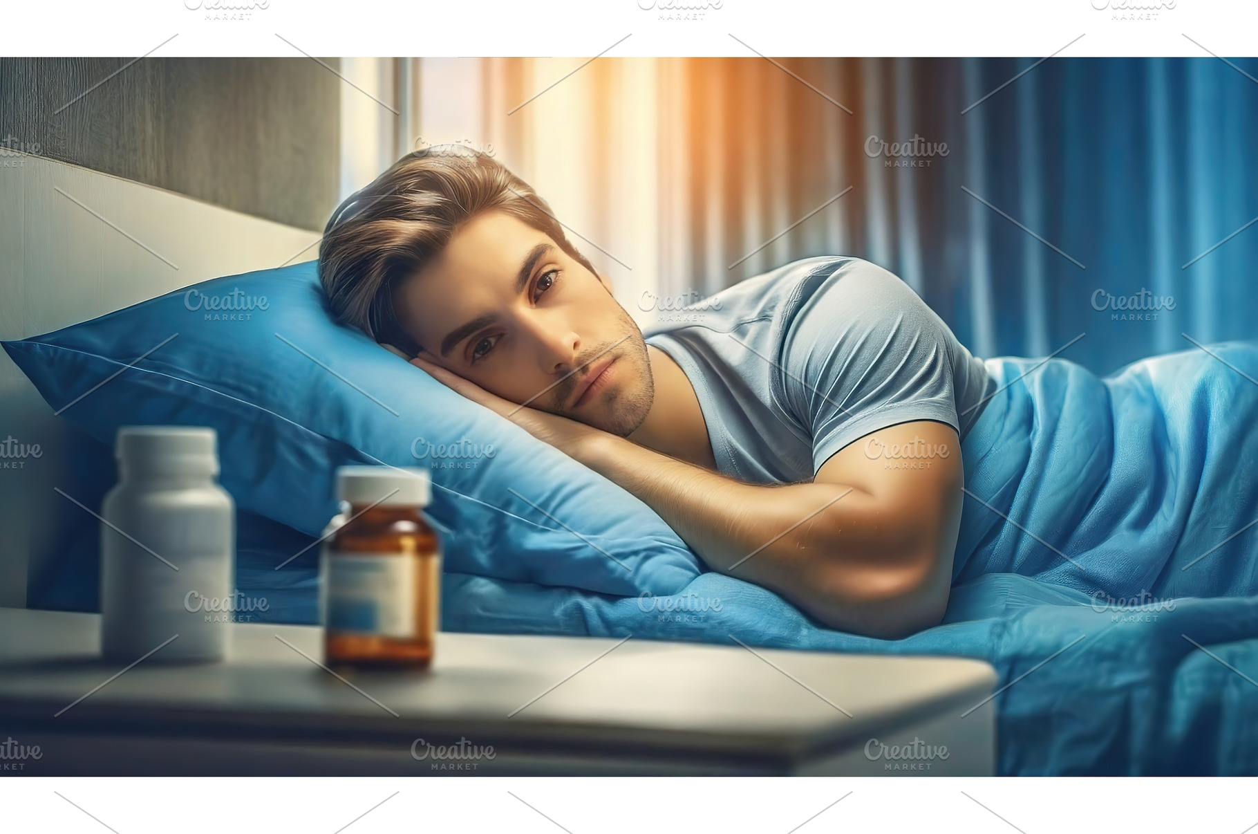 A man lying on a bed, looking, a Health & Medical Photo by Igor Tichonow