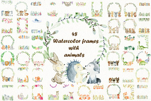 48 Watercolor Frames With Animals.