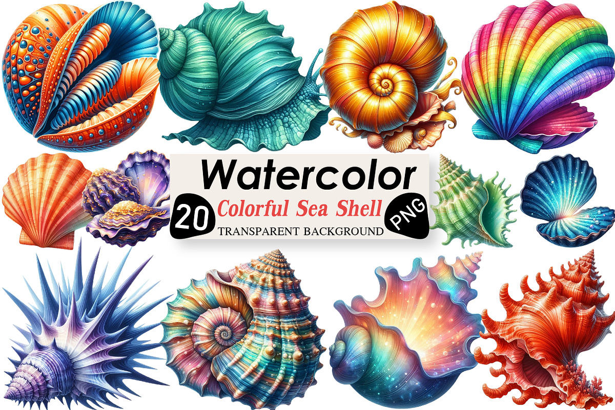 Watercolor Colorful Sea Shell Clipar, an Illustration by Black Bird Studio (Photo 1 of 4)