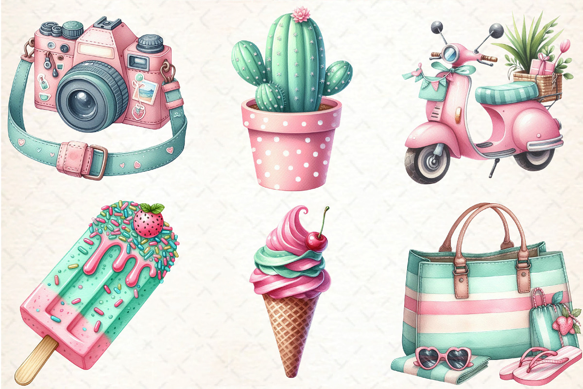 Pink & Mint Summer Clipart, an Illustration by DreamCafeArt (Photo 4 of 8)