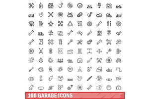 100 garage icons set, outline style, a Transportation Illustration by Ylivdesign