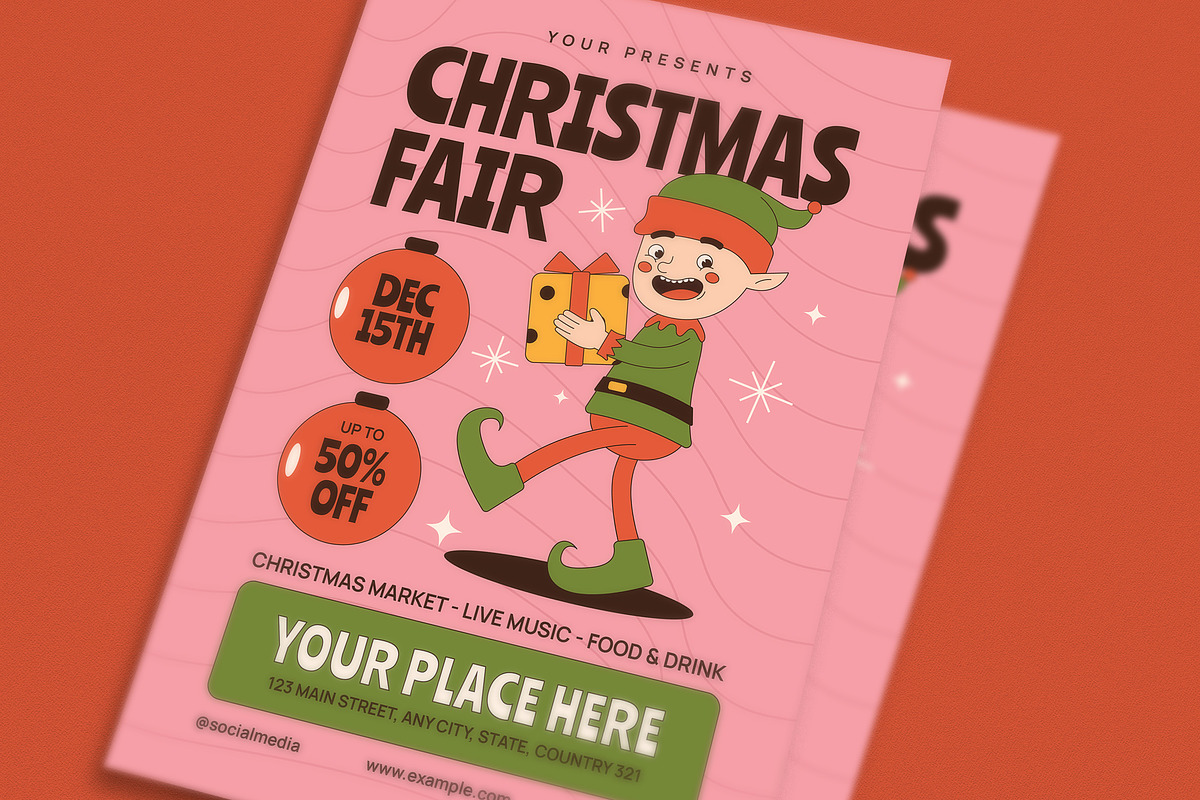 Retro Groovy Christmas Fair Flyer, a Flyer Template by VectorVactory (Photo 6 of 7)