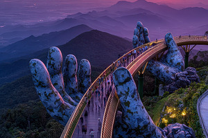 Golden Bridge Vietnam Sunset View Pe, a Photo by Pixeness Studio
