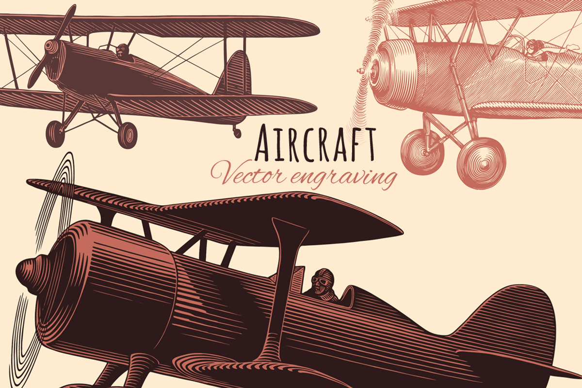 Set Aircraft. Vector engraving., a Transportation Illustration by Vector Engraving (Photo 1 of 2)