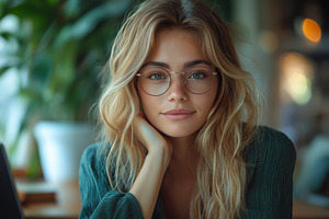 A thoughtful young woman with blonde hair and glasses resting her chin on her h, a Person Photo by ImageMir