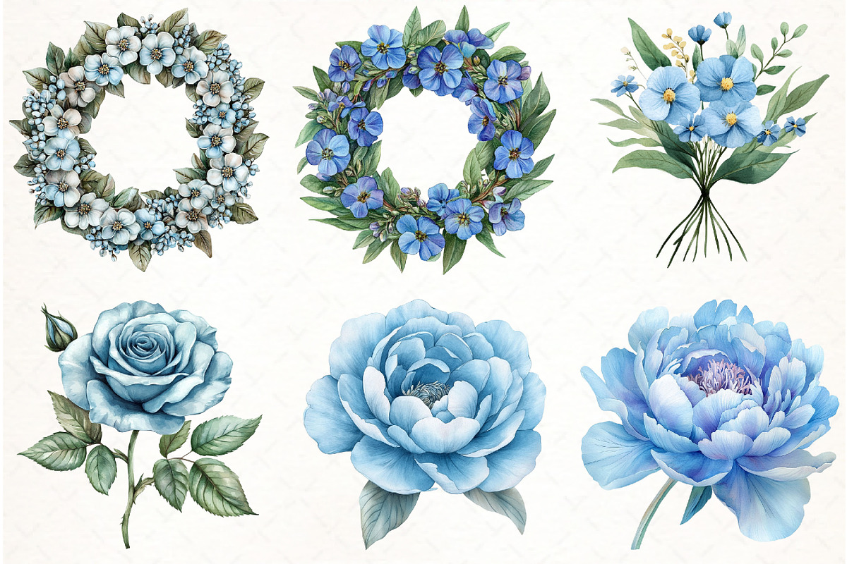 Pale blue flowers watercolor clipart, an Illustration by Watercolor design (Photo 3 of 4)