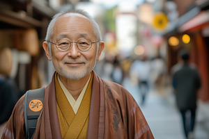 Japanologist. A smiling elderly man wearing traditional Japanese clothing stand, a Person Photo by Textures & Backgrounds
